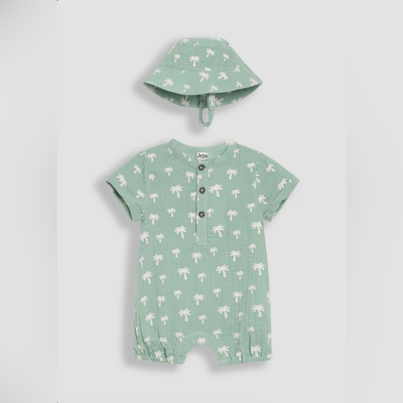 JoJo Maman Bebe Other - jojo maman bebe palm tree 2 piece cheesecloth romper-hat set | size 0-3 months